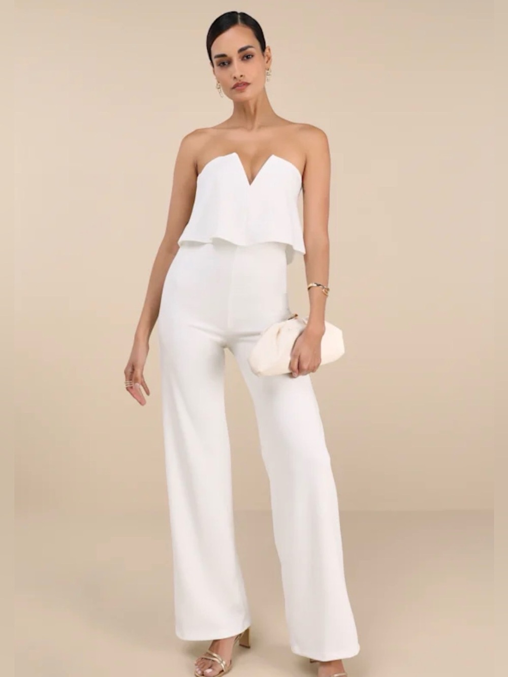 Lulu's White Strapless Peplum Wide-Leg Jumpsuit